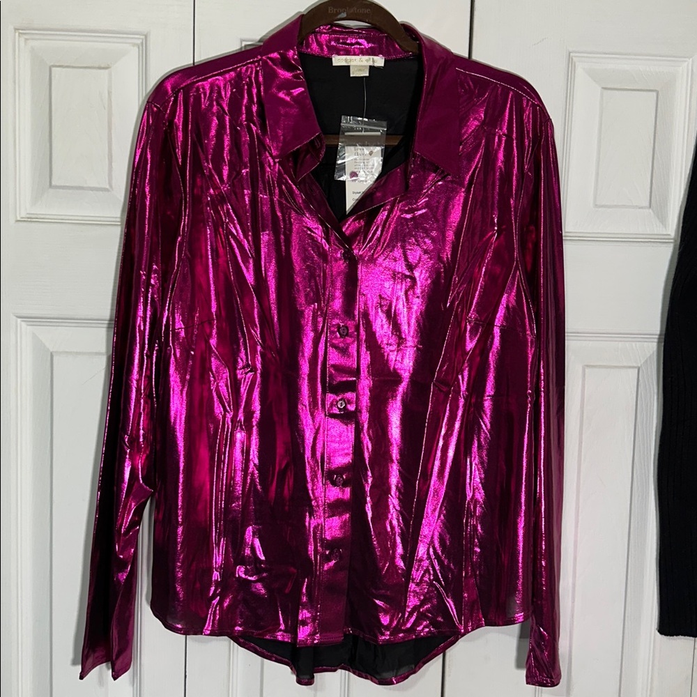 Cooper & Ella Metallic Pink Button-Up Blouse